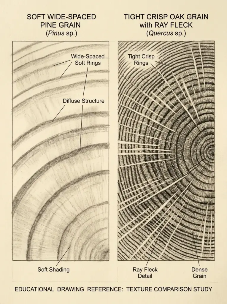 Diagram showing texture comparison of soft wide-spaced pine grain (Pinus) and tight crisp oak grain (Quercus) cross-sections.