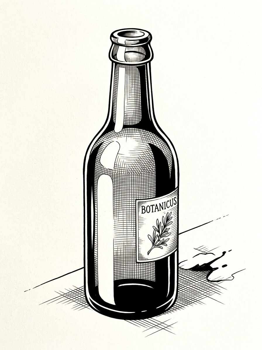 Black-and-white ink illustration of a glass bottle labeled Botanicus with a botanical label and small spill