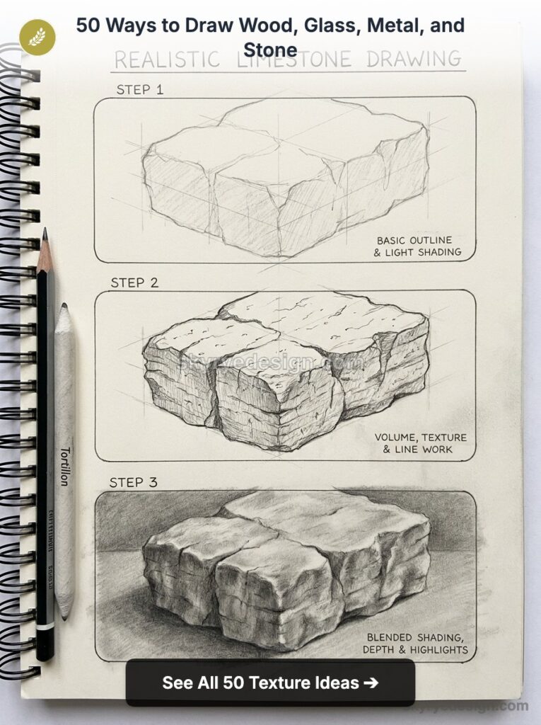 Pencil tutorial showing three steps to draw a realistic limestone block with texture, volume, and blended shading