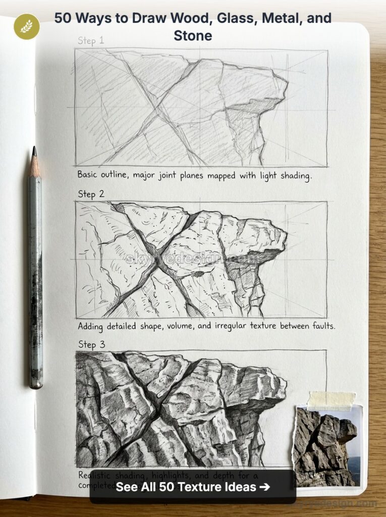 Sketchbook page with step-by-step pencil drawings of rocky stone texture, shading stages, pencil and taped reference photo.