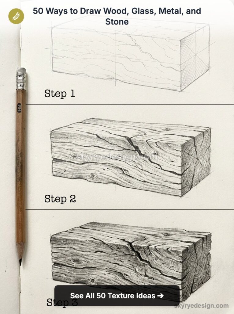 Step-by-step pencil sketch tutorial showing three stages of realistic wood block texture with grain, knots, and cracks.