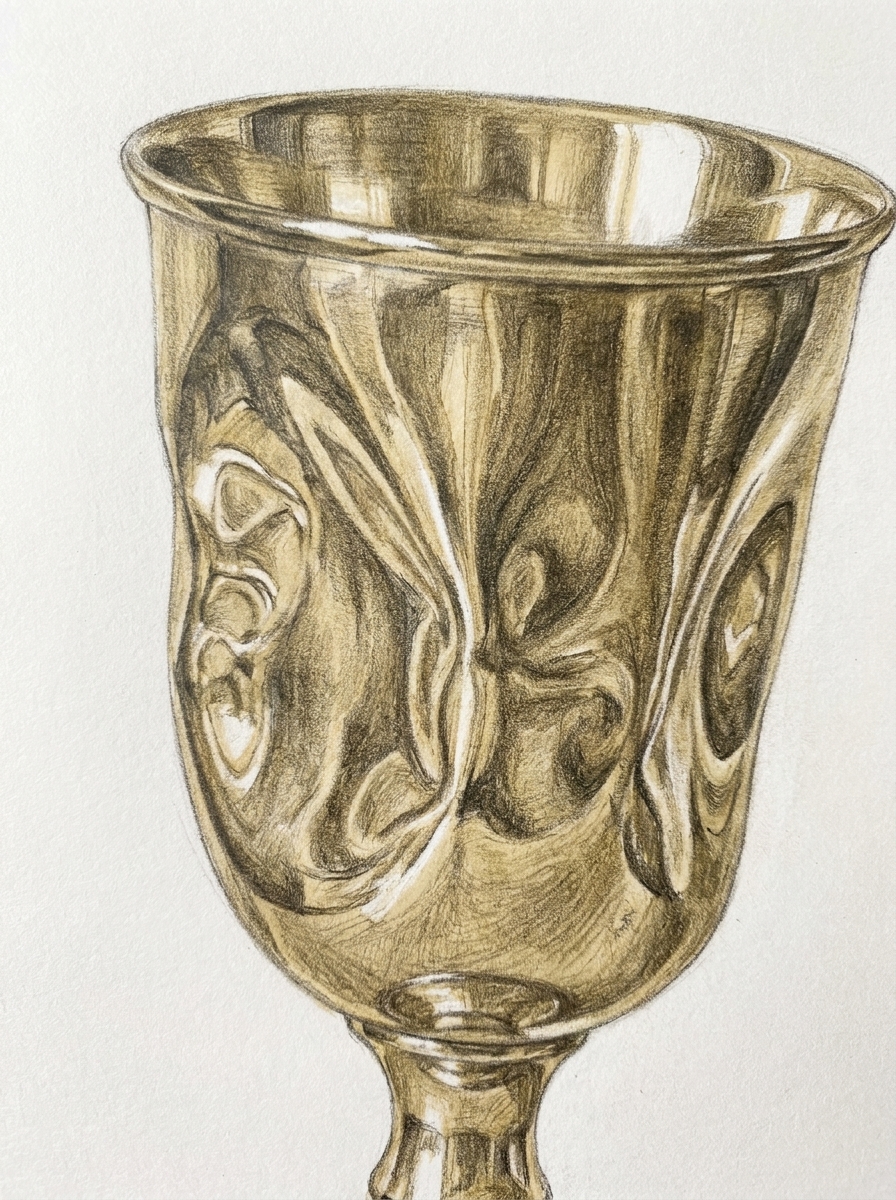 Hand-drawn gold goblet illustration with detailed reflective surface and vintage brass chalice appearance