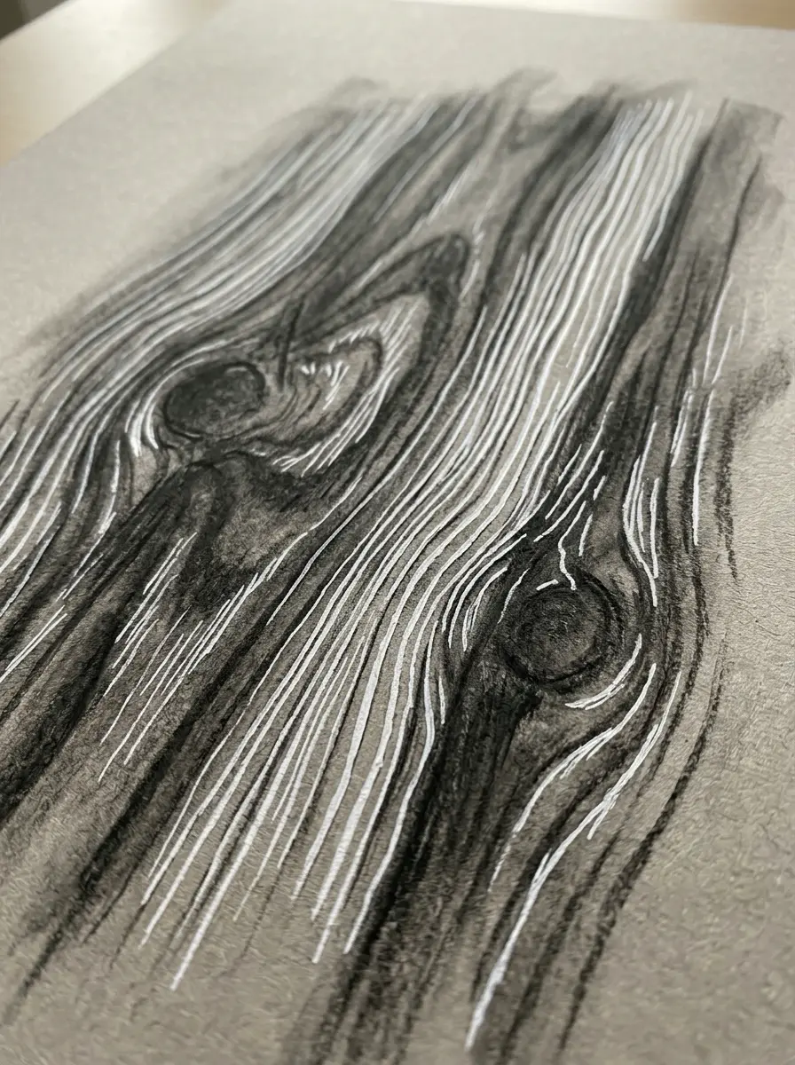 Close-up charcoal and white-ink drawing of wood grain texture with knots and flowing lines