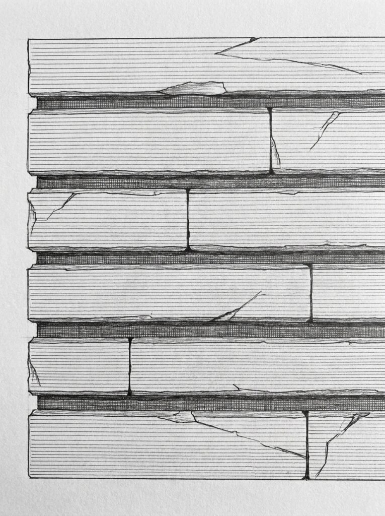 Hand-drawn black ink sketch of a cracked horizontal brick wall with textured mortar lines