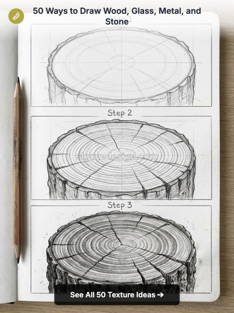 Three-step pencil tutorial showing wood texture: tree stump cross-section sketch with growth rings, cracks, and bark.