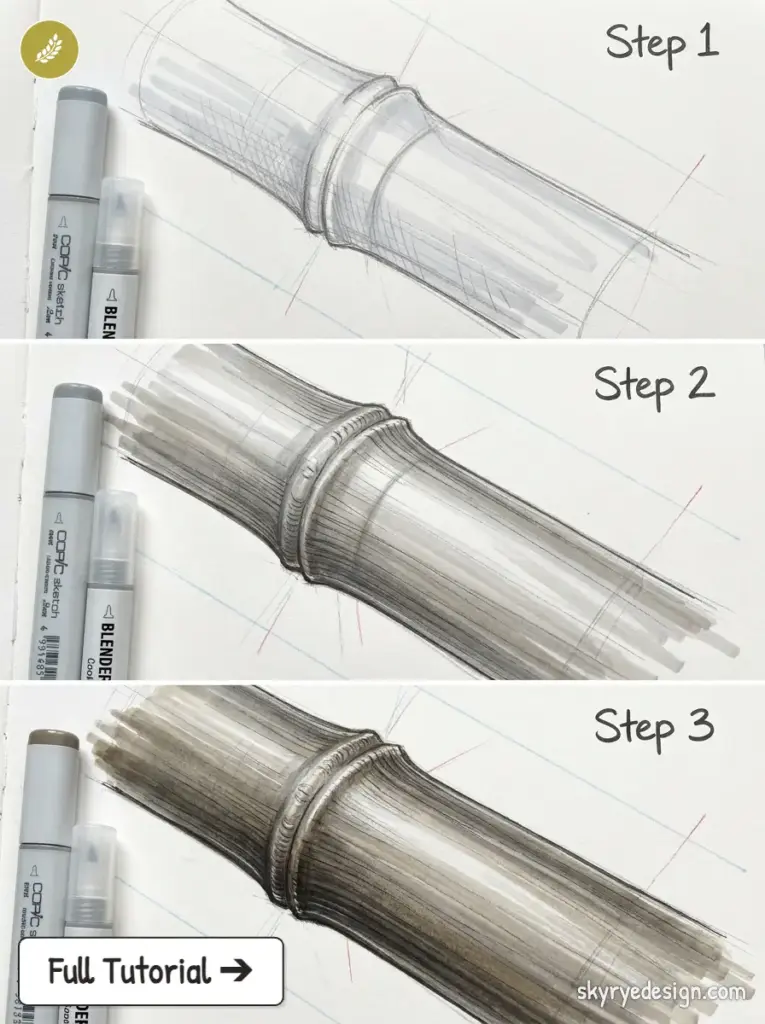 Three-step Copic marker tutorial showing sketch-to-shaded bamboo stalk segment with blender marker