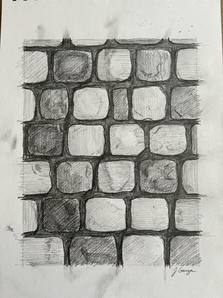 Pencil sketch cobblestone pattern: hand-drawn grid of rounded square stones with textured shading and dark mortar