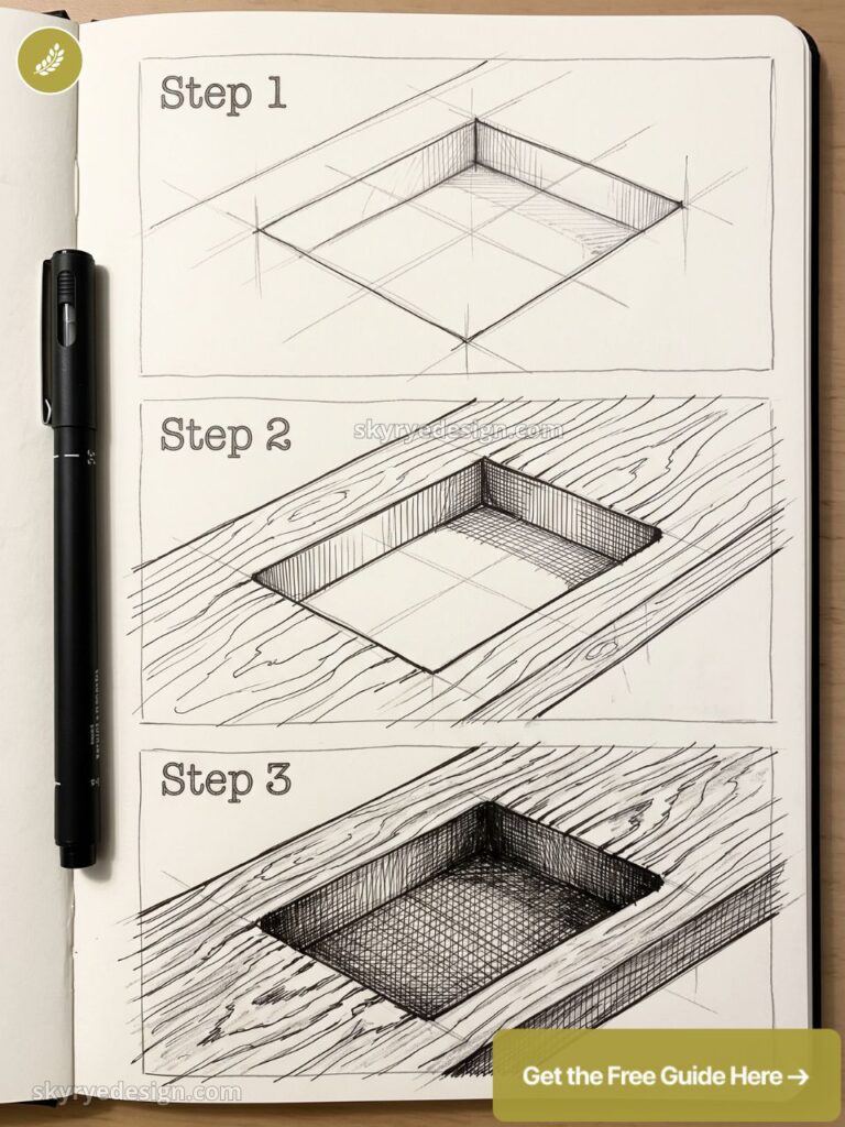Pen sketch tutorial showing three steps to carve a recessed rectangular pocket in wood grain (DIY woodworking)