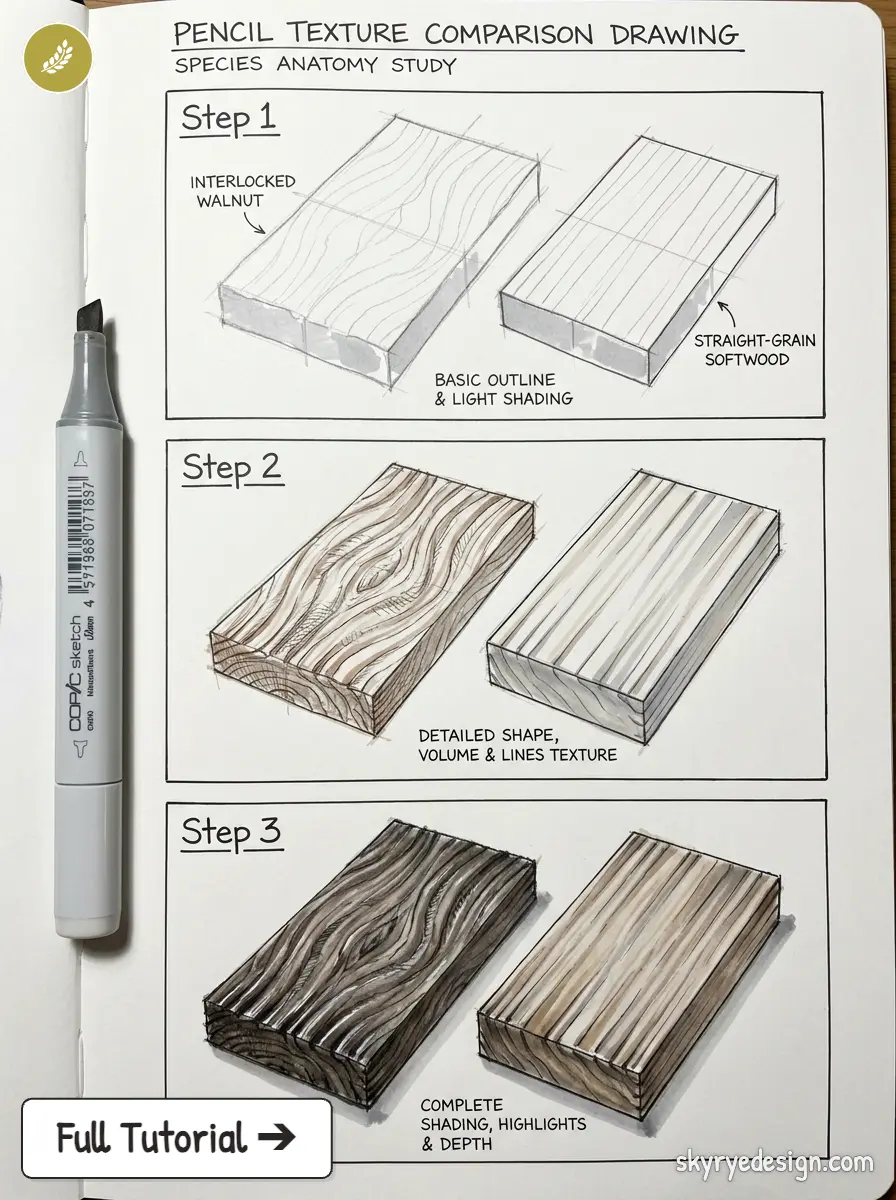Pencil texture comparison tutorial: step-by-step wood grain studies of interlocked walnut and straight-grain softwood