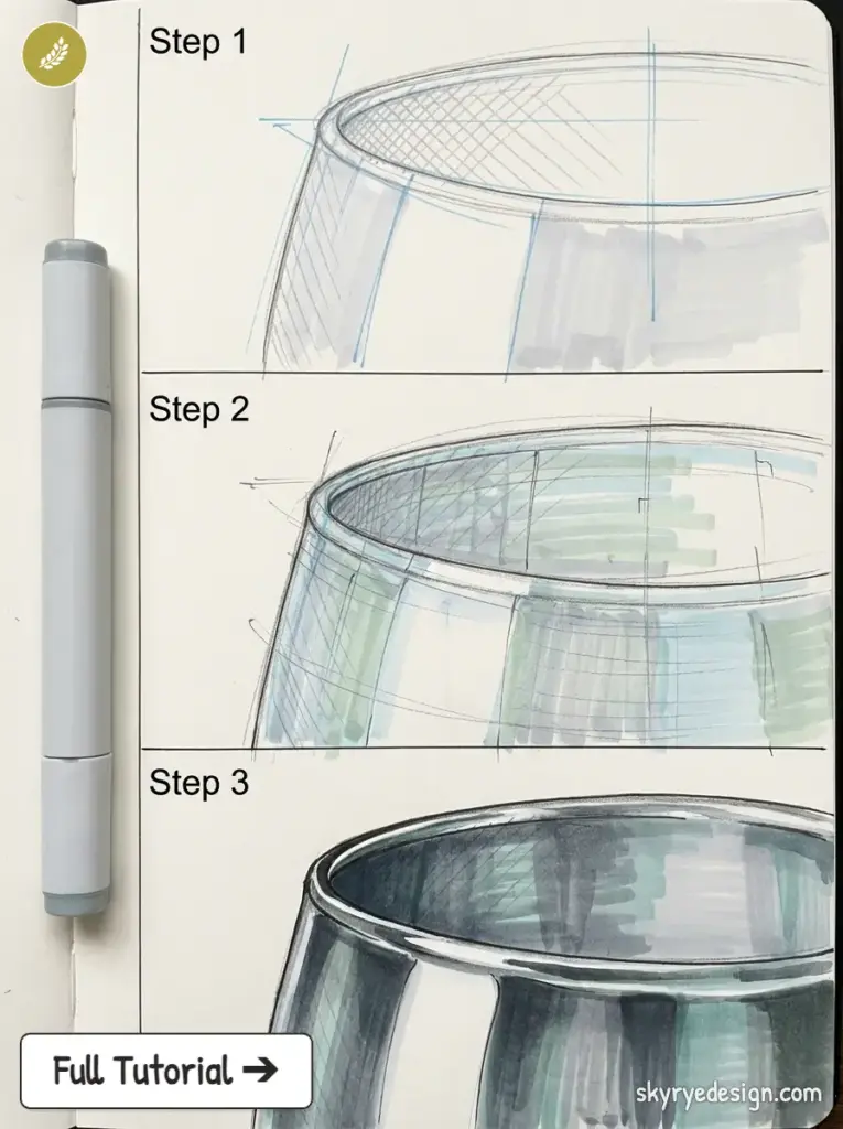 Marker sketch tutorial: three-step drawing of a reflective cup in a sketchbook, steps 1-3 shown