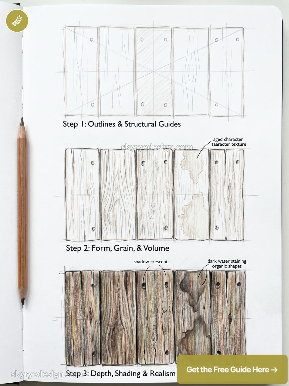 Step-by-step wood plank drawing tutorial showing outlines, grain, shading and realism with pencil and colored pencils