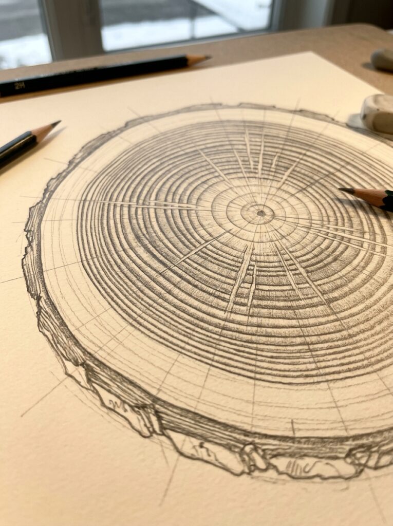 Close-up pencil sketch of a tree cross-section showing concentric growth rings, wood texture, and artist pencils