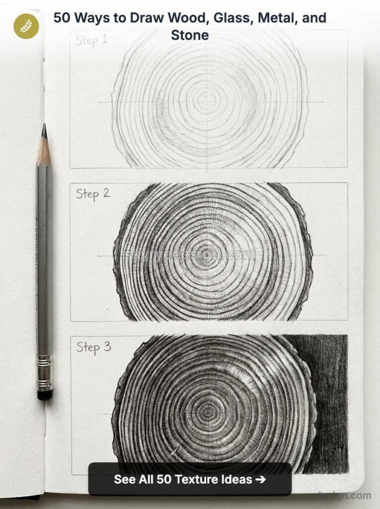 Wood texture drawing tutorial: sketchbook showing step-by-step pencil tree-ring sketches with pencil at left