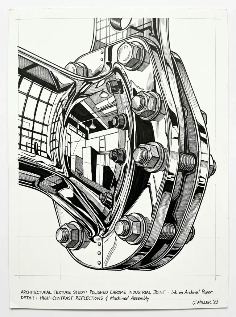 Ink illustration of polished chrome industrial joint with nuts, bolts and high-contrast architectural reflections