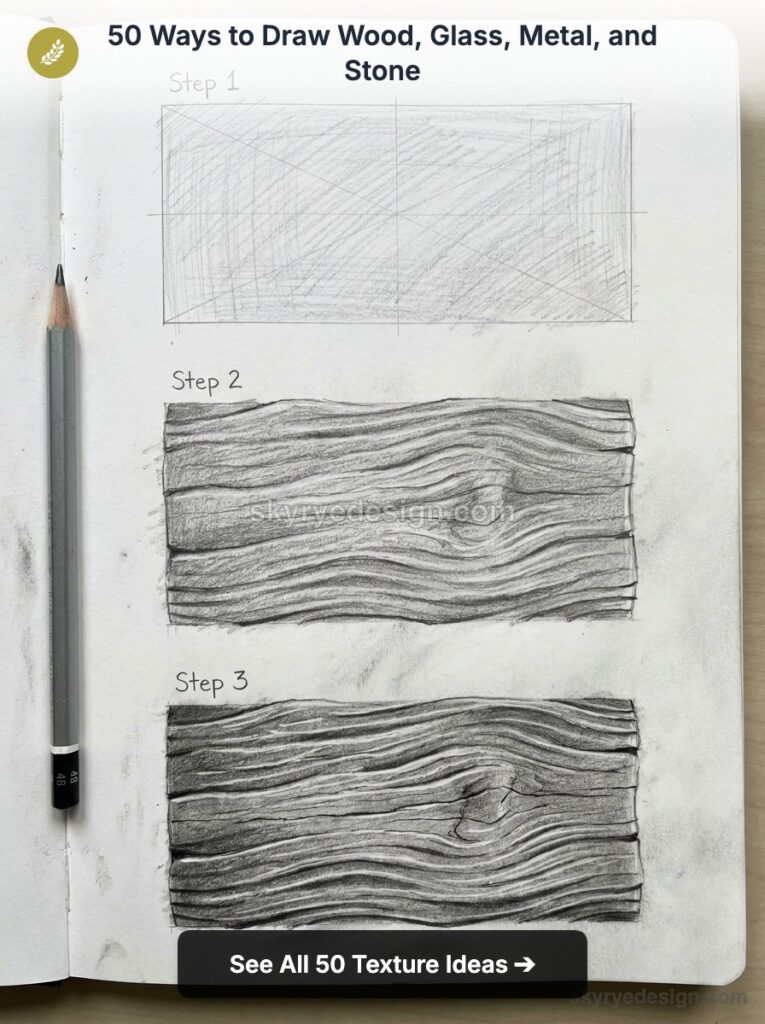 Sketchbook showing three-step pencil tutorial for realistic wood grain texture, pencil resting at left