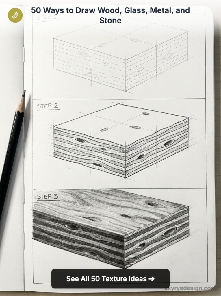 Wood grain drawing tutorial: pencil sketches showing three steps to render realistic wood texture on a rectangular block