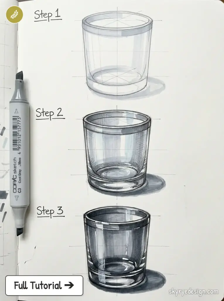 Three-stage step-by-step sketch tutorial of a realistic glass tumbler using Copic marker, with 'Full Tutorial' callout