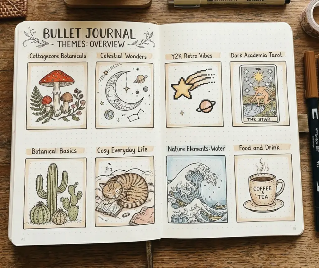 si8oh8si8oh8 Bullet journal theme overview with handdrawn boxes: mushrooms, moon, pixel star, tarot, cacti, sleeping cat, wave, coffee | Sky Rye Design Bullet journal theme overview with handdrawn boxes: mushrooms, moon, pixel star, tarot, cacti, sleeping cat, wave, coffee