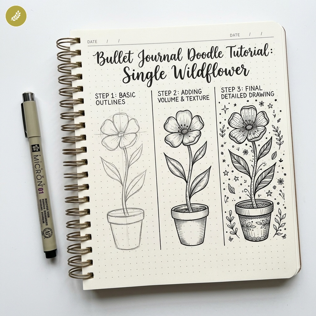 bujo-doodle-Single-Wildflower Bullet journal 3-step wildflower doodle tutorial with pen — sketch, shading, detailed inked pot. | Sky Rye Design Bullet journal 3-step wildflower doodle tutorial with pen — sketch, shading, detailed inked pot.