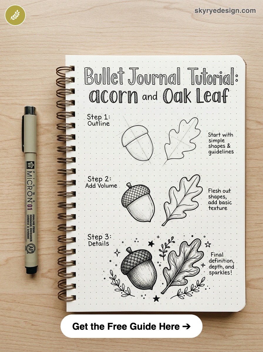 bujo-doodle-acorn-and-Oak-Leaf 1 Bullet journal tutorial: step-by-step acorn and oak leaf sketches on dotted notebook with pen and 'Get the Free Guide' button | Sky Rye Design Bullet journal tutorial: step-by-step acorn and oak leaf sketches on dotted notebook with pen and 'Get the Free Guide' button
