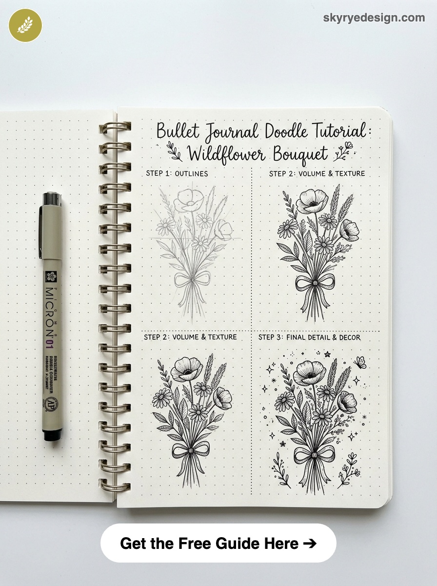bujo-doodle-Wildflower-Bouquet Bullet journal doodle tutorial showing step-by-step wildflower bouquet sketches in dotted notebook with Micron pen | Sky Rye Design Bullet journal doodle tutorial showing step-by-step wildflower bouquet sketches in dotted notebook with Micron pen
