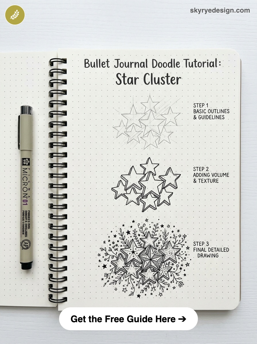 bujo-doodle-Star-Cluster Bullet journal star-cluster doodle tutorial on dot-grid notebook with pen — outlines, shading, and final detailed sketch. | Sky Rye Design Bullet journal star-cluster doodle tutorial on dot-grid notebook with pen — outlines, shading, and final detailed sketch.