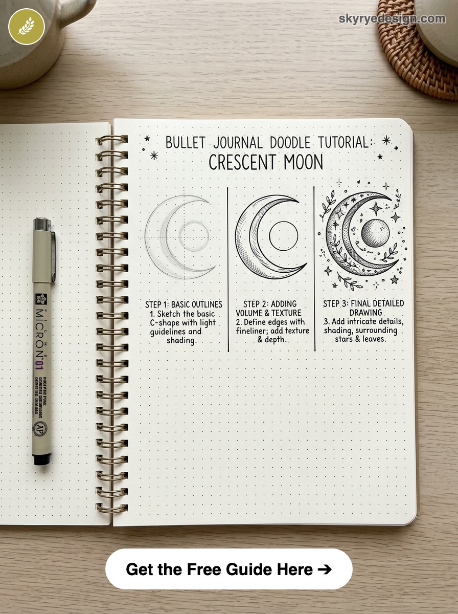 bujo-doodle-Crescent-Moon Bullet journal crescent moon doodle tutorial on dotted notebook with Micron pen — steps: outline, texture, detailed drawing | Sky Rye Design Bullet journal crescent moon doodle tutorial on dotted notebook with Micron pen — steps: outline, texture, detailed drawing