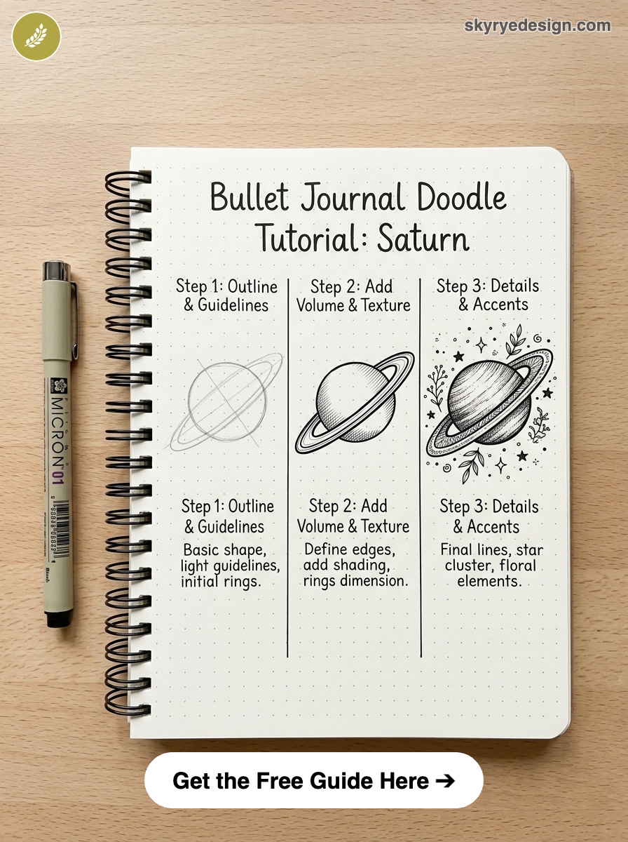 bujo-doodle-Saturn Bullet journal Saturn doodle tutorial in spiral dotted notebook: three step-by-step drawings and notes, pen beside. | Sky Rye Design Bullet journal Saturn doodle tutorial in spiral dotted notebook: three step-by-step drawings and notes, pen beside.