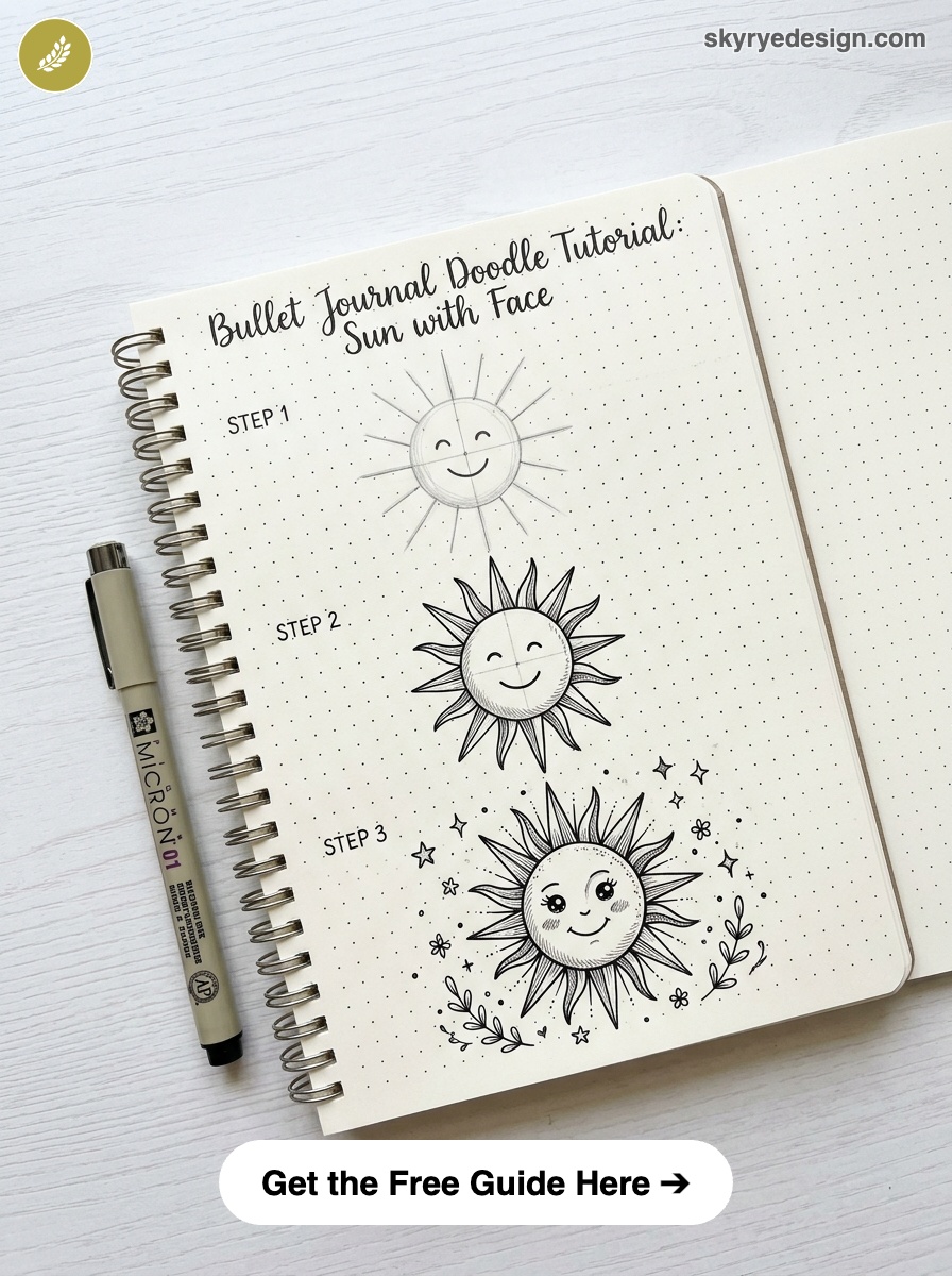 bujo-doodle-Sun-with-Face Bullet journal sun doodle tutorial: three step-by-step smiling sun sketches on dotted notebook with pen | Sky Rye Design Bullet journal sun doodle tutorial: three step-by-step smiling sun sketches on dotted notebook with pen