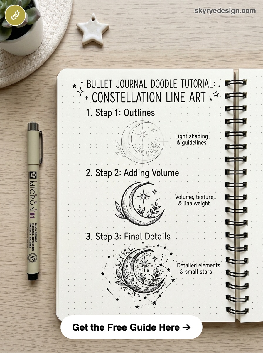 bujo-doodle-Constellation-Line-Art Step-by-step bullet journal page showing 3-stage crescent moon constellation line-art doodles with pen and succulent. | Sky Rye Design Step-by-step bullet journal page showing 3-stage crescent moon constellation line-art doodles with pen and succulent.