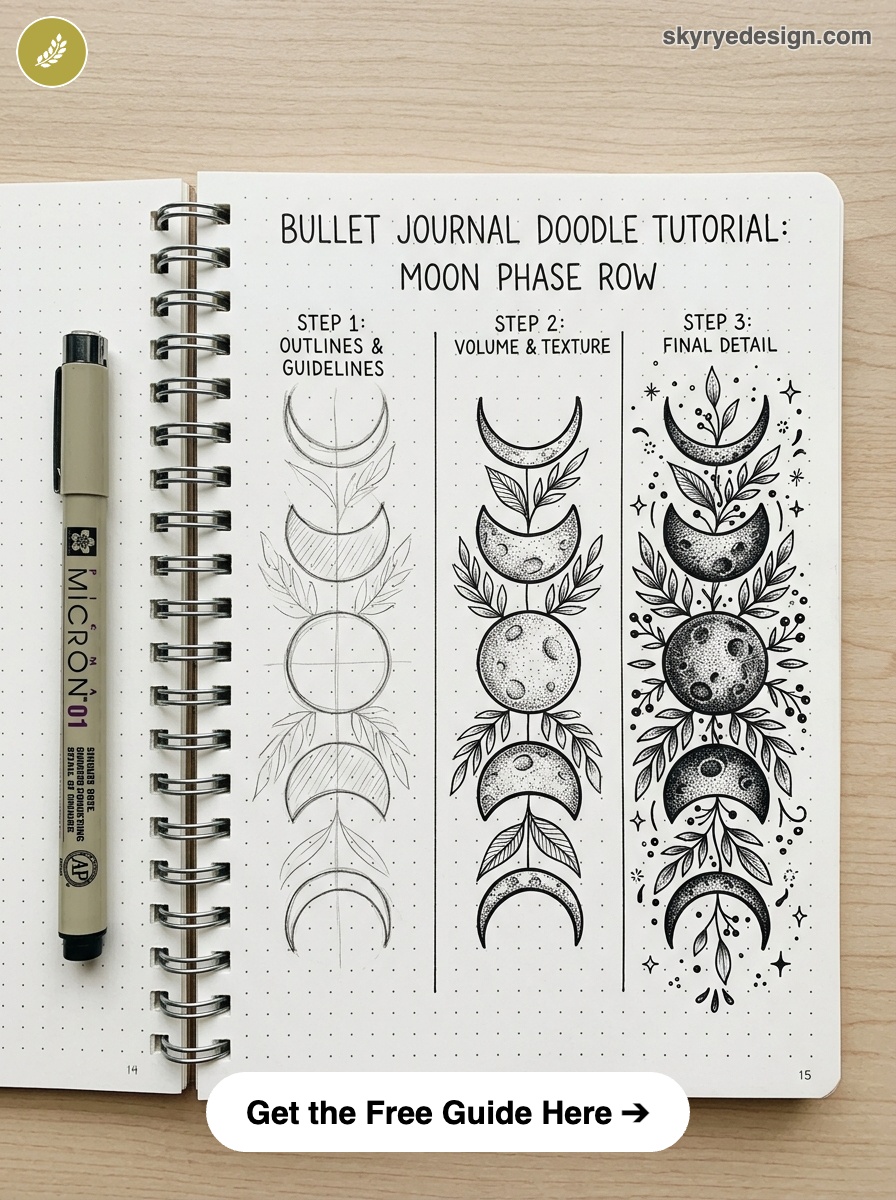 bujo-doodle-Moon-Phase-Row Bullet journal moon phase doodle tutorial: step-by-step sketches to detailed dotted-ink final in notebook | Sky Rye Design Bullet journal moon phase doodle tutorial: step-by-step sketches to detailed dotted-ink final in notebook