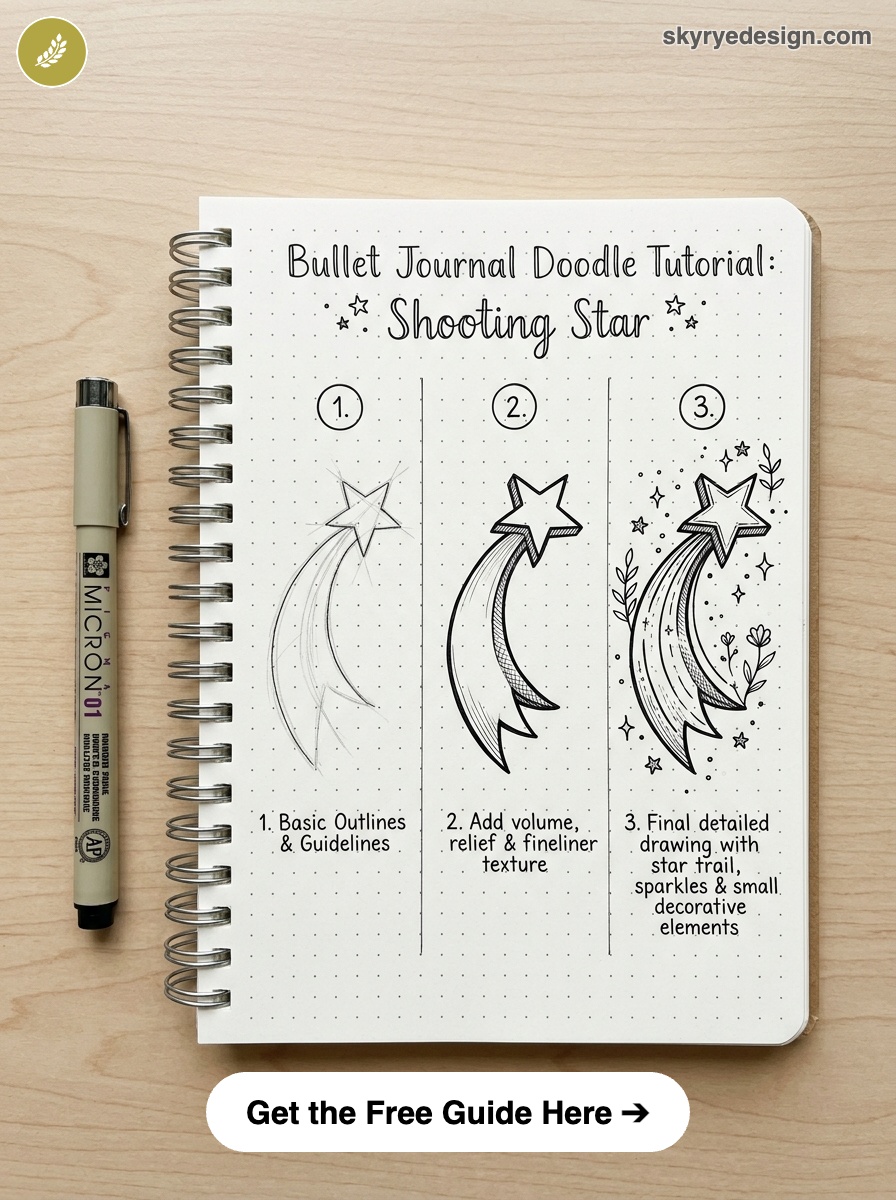 bujo-doodle-Shooting-Star Bullet journal doodle tutorial: three-step shooting star drawing in dotted notebook with Micron pen, outlines to detailed. | Sky Rye Design Bullet journal doodle tutorial: three-step shooting star drawing in dotted notebook with Micron pen, outlines to detailed.