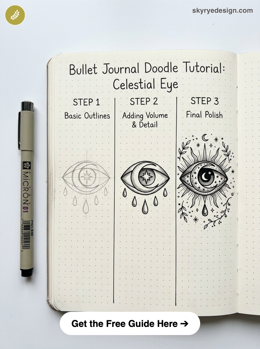 bujo-doodle-Celestial-Eye Bullet journal doodle tutorial: celestial eye step-by-step drawing progression with Micron pen and free guide CTA | Sky Rye Design Bullet journal doodle tutorial: celestial eye step-by-step drawing progression with Micron pen and free guide CTA
