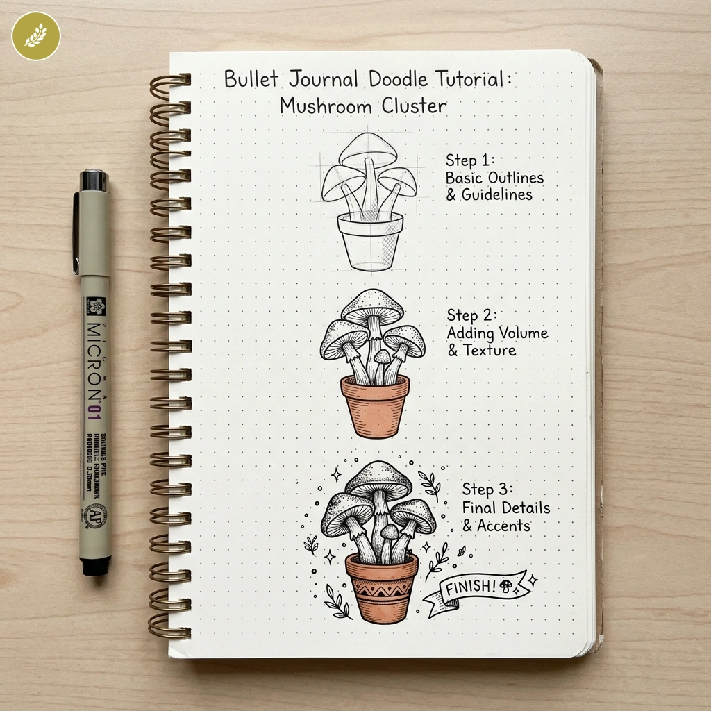 bujo-doodle-Mushroom-Cluster Step-by-step bullet journal mushroom cluster doodle tutorial in a dotted notebook with Micron pen | Sky Rye Design Step-by-step bullet journal mushroom cluster doodle tutorial in a dotted notebook with Micron pen