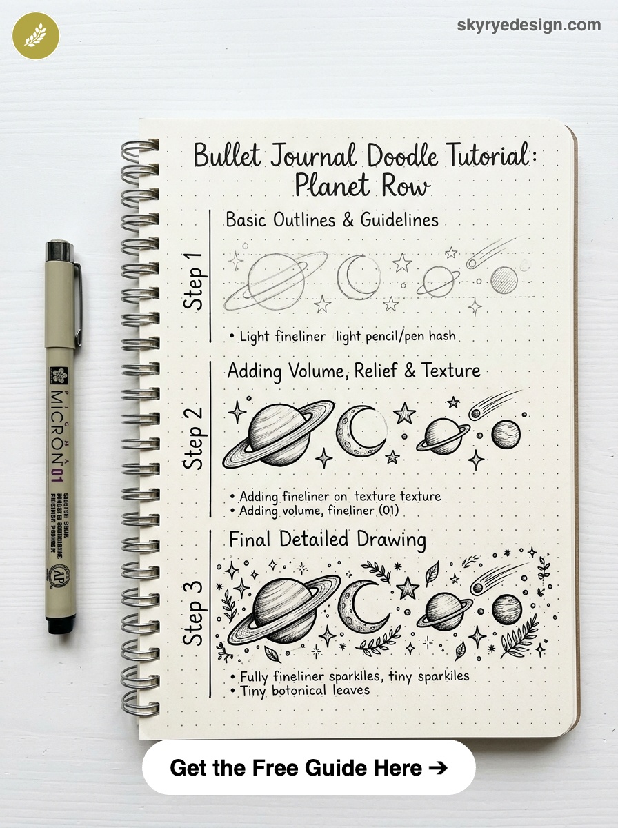 bujo-doodle-Planet-Row Bullet journal doodle tutorial: step-by-step planet row sketches with Micron pen on dotted notebook | Sky Rye Design Bullet journal doodle tutorial: step-by-step planet row sketches with Micron pen on dotted notebook