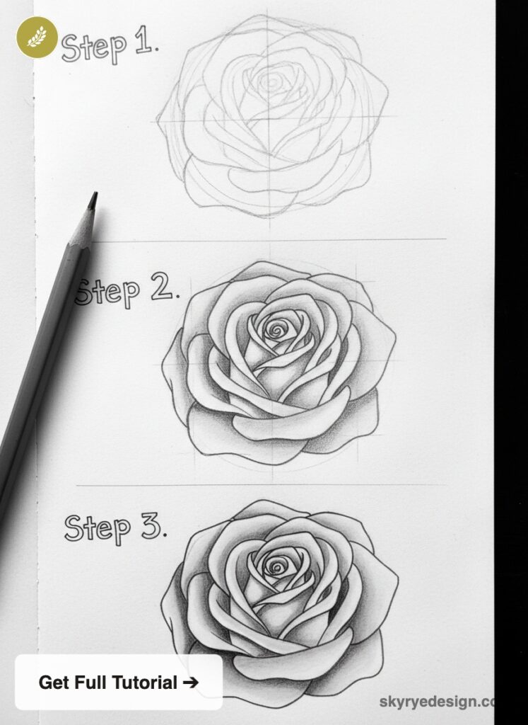 anime-tutorial-simple-rose Pencil rose drawing tutorial: three-step guide showing progress from rough sketch to shaded, realistic rose bloom. | Sky Rye Design Pencil rose drawing tutorial: three-step guide showing progress from rough sketch to shaded, realistic rose bloom.