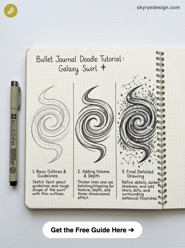 bujo-doodle-Galaxy-Swirl Bullet journal doodle tutorial: three-step galaxy swirl sketch on dotted spiral notebook with Micron pen. | Sky Rye Design Bullet journal doodle tutorial: three-step galaxy swirl sketch on dotted spiral notebook with Micron pen.