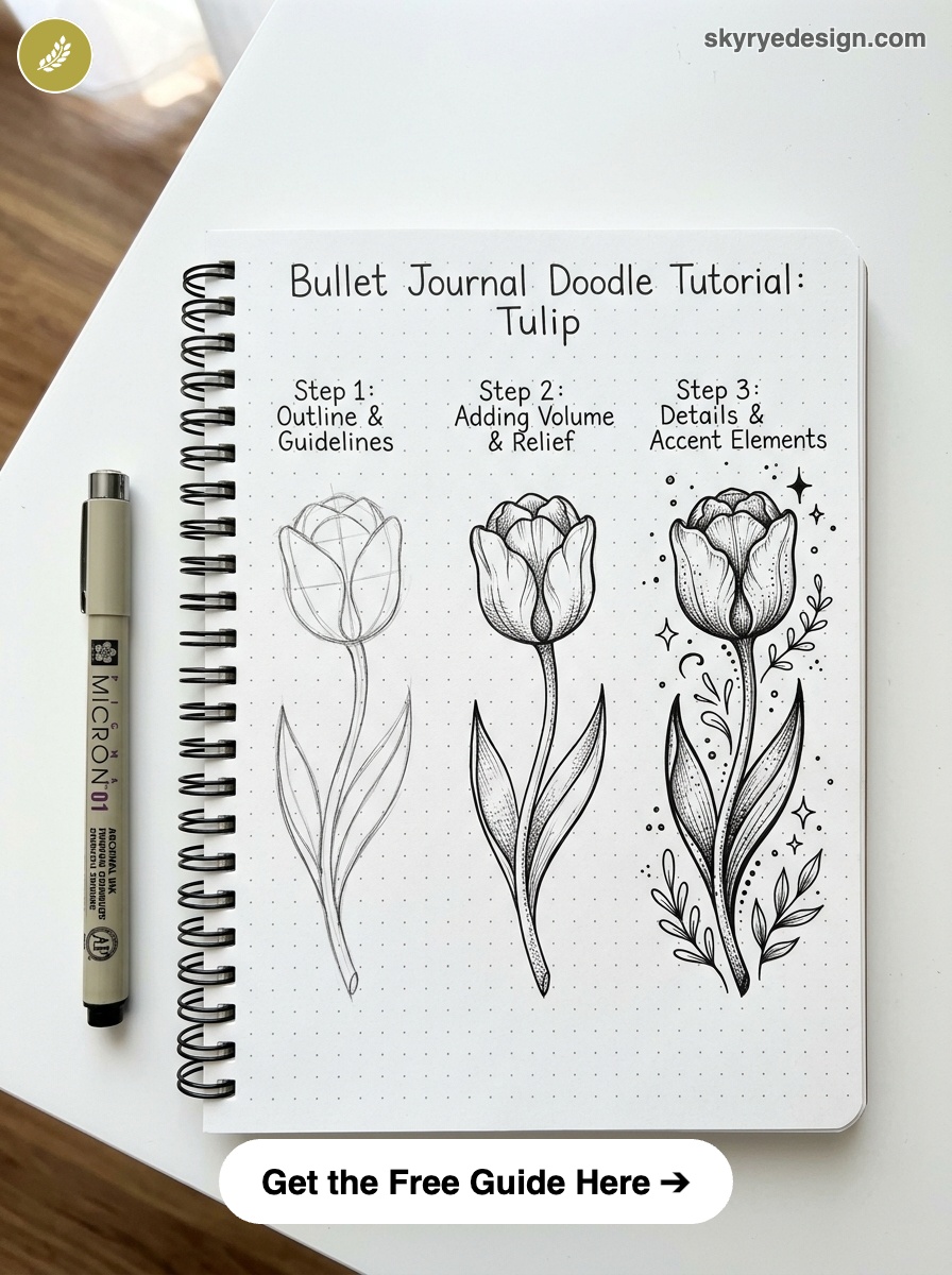 bujo-doodle-Tulip- Bullet journal tulip doodle tutorial: step 1 outline, step 2 shading, step 3 detailed tulip on dotted notebook with pen | Sky Rye Design Bullet journal tulip doodle tutorial: step 1 outline, step 2 shading, step 3 detailed tulip on dotted notebook with pen