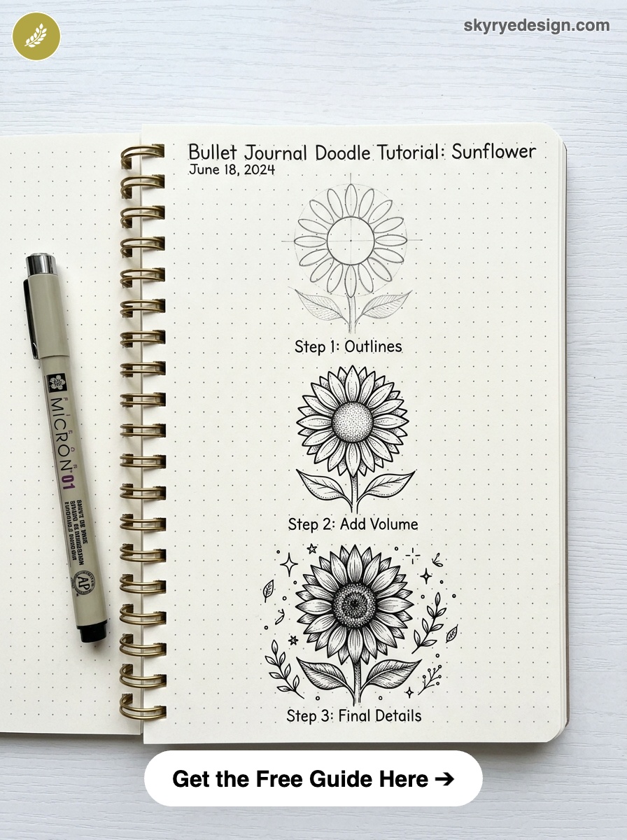 bujo-doodle-Sunflower Bullet journal sunflower doodle tutorial in dotted notebook: Step 1 outlines, Step 2 volume, Step 3 details, Micron pen | Sky Rye Design Bullet journal sunflower doodle tutorial in dotted notebook: Step 1 outlines, Step 2 volume, Step 3 details, Micron pen