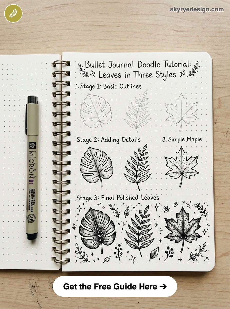 bujo-doodle-Leaves-in-Three-Styles Bullet journal leaf doodle tutorial in notebook - three step-by-step leaf styles with pen and ink sketches, free guide CTA | Sky Rye Design Bullet journal leaf doodle tutorial in notebook - three step-by-step leaf styles with pen and ink sketches, free guide CTA