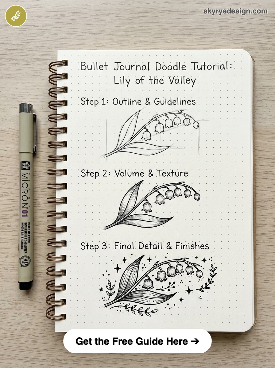 bujo-doodle-Lily-of-the-Valley- 1 Bullet journal doodle tutorial: step-by-step lily of the valley sketches on dotted spiral notebook | Sky Rye Design Bullet journal doodle tutorial: step-by-step lily of the valley sketches on dotted spiral notebook