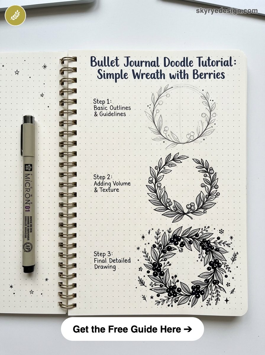 bujo-doodle-Simple-Wreath-with-Berries Bullet journal doodle tutorial: step-by-step wreath with berries sketches on dotted spiral notebook with Micron pen | Sky Rye Design Bullet journal doodle tutorial: step-by-step wreath with berries sketches on dotted spiral notebook with Micron pen