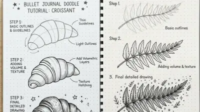 Step-by-step bullet journal doodle tutorial showing croissant and leaf sketches with volume, texture, and final details