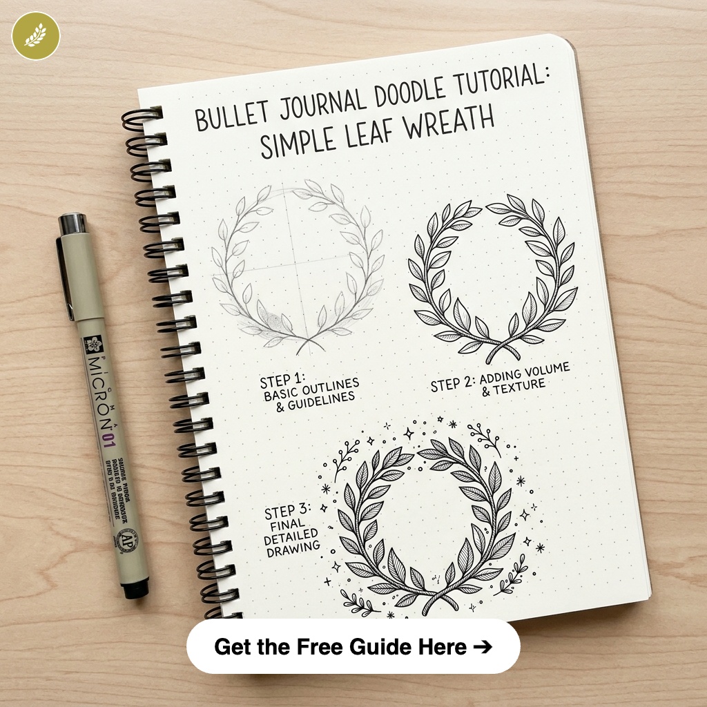 bujo-doodle-Simple-Leaf-Wreath- Bullet journal doodle tutorial: step-by-step simple leaf wreath sketchbook page with Micron pen on wooden desk | Sky Rye Design Bullet journal doodle tutorial: step-by-step simple leaf wreath sketchbook page with Micron pen on wooden desk