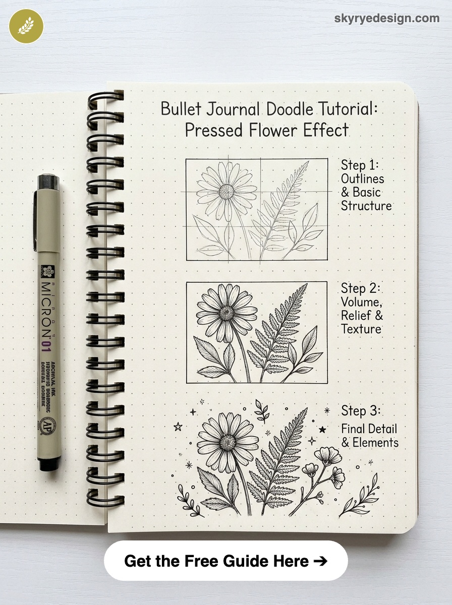bujo-doodle-Pressed-Flower-Effect Bullet journal pressed-flower doodle tutorial: three-step pen sketches of daisy, fern and foliage on dotted notebook | Sky Rye Design Bullet journal pressed-flower doodle tutorial: three-step pen sketches of daisy, fern and foliage on dotted notebook
