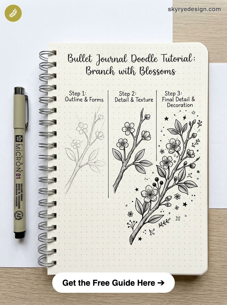 bujo-doodle-Branch-with-Blossoms Bullet journal doodle tutorial: step-by-step blossoming branch sketches on dotted spiral notebook with pen | Sky Rye Design Bullet journal doodle tutorial: step-by-step blossoming branch sketches on dotted spiral notebook with pen