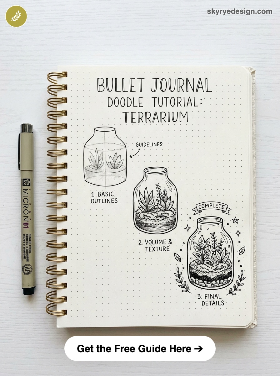 bujo-doodle-Terrarium Step-by-step bullet journal terrarium doodle tutorial in dotted notebook with pen: outlines, texture, final details | Sky Rye Design Step-by-step bullet journal terrarium doodle tutorial in dotted notebook with pen: outlines, texture, final details