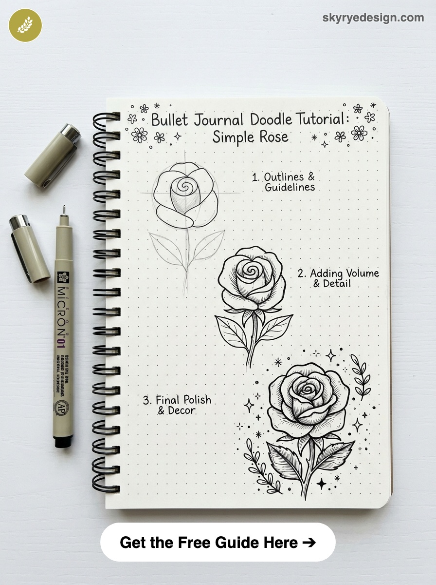 bujo-doodle-Simple-Rose Bullet journal rose doodle tutorial in spiral notebook showing outlines, shading and final embellished rose with pen | Sky Rye Design Bullet journal rose doodle tutorial in spiral notebook showing outlines, shading and final embellished rose with pen