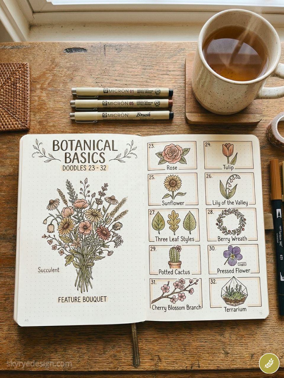 how-to-draw-additional-content-visual 86 Botanical basics bullet journal spread with floral doodles, Micron pens and mug of tea on wooden desk | Sky Rye Design Botanical basics bullet journal spread with floral doodles, Micron pens and mug of tea on wooden desk