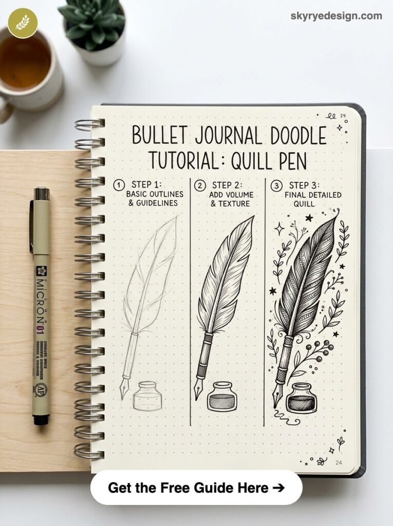 bujo-doodle-Quill-Pen Bullet journal doodle tutorial: three-step quill pen sketch with ink bottle, micron pen, succulent and coffee | Sky Rye Design Bullet journal doodle tutorial: three-step quill pen sketch with ink bottle, micron pen, succulent and coffee